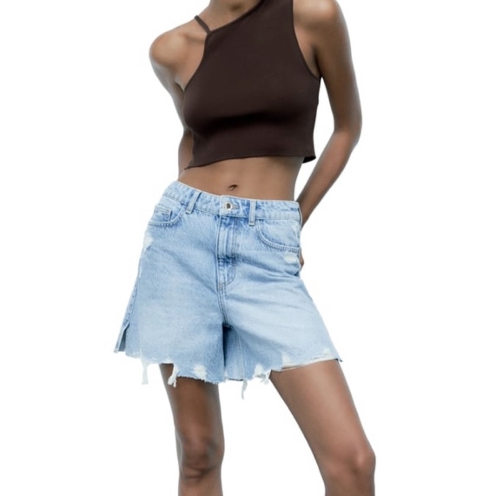 Zara Ripped High Rise Denim Shorts Size 2 -- Light Blue